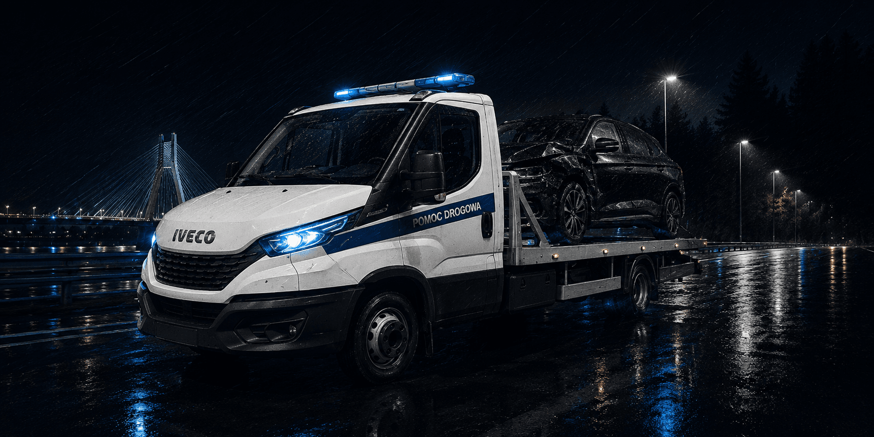 Laweta HELP-CAR 24/7 z samochodem na platformie