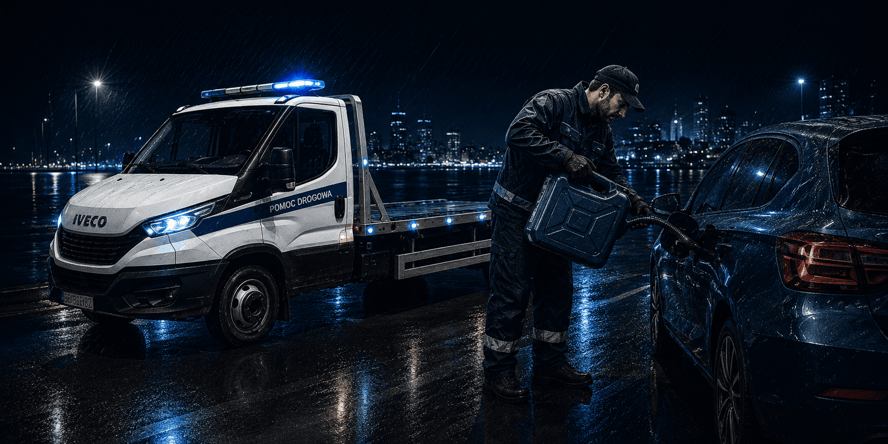 Pracownik HELP-CAR dolewa paliwo do samochodu