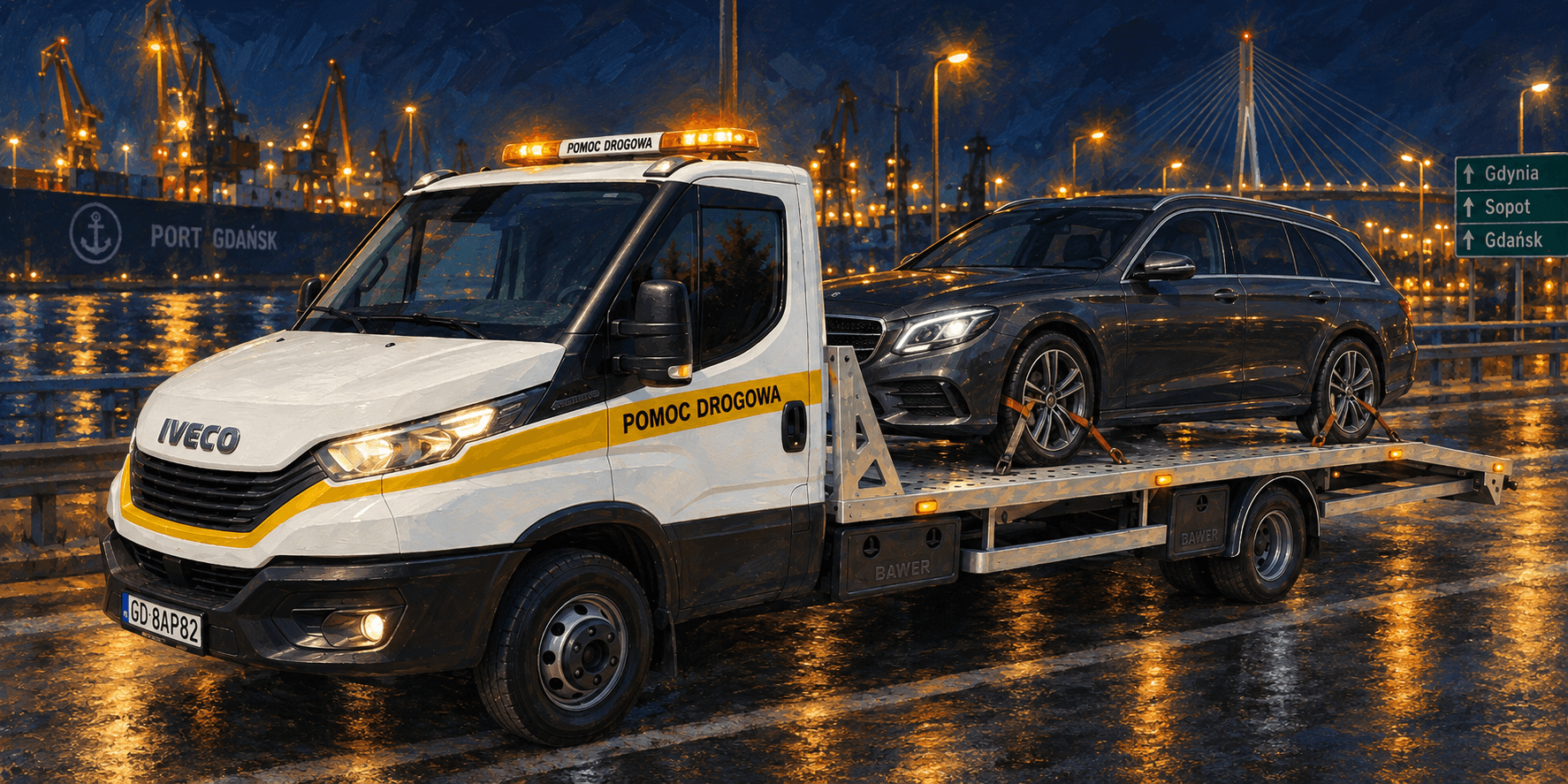 Laweta HELP-CAR 24/7 z samochodem na platformie