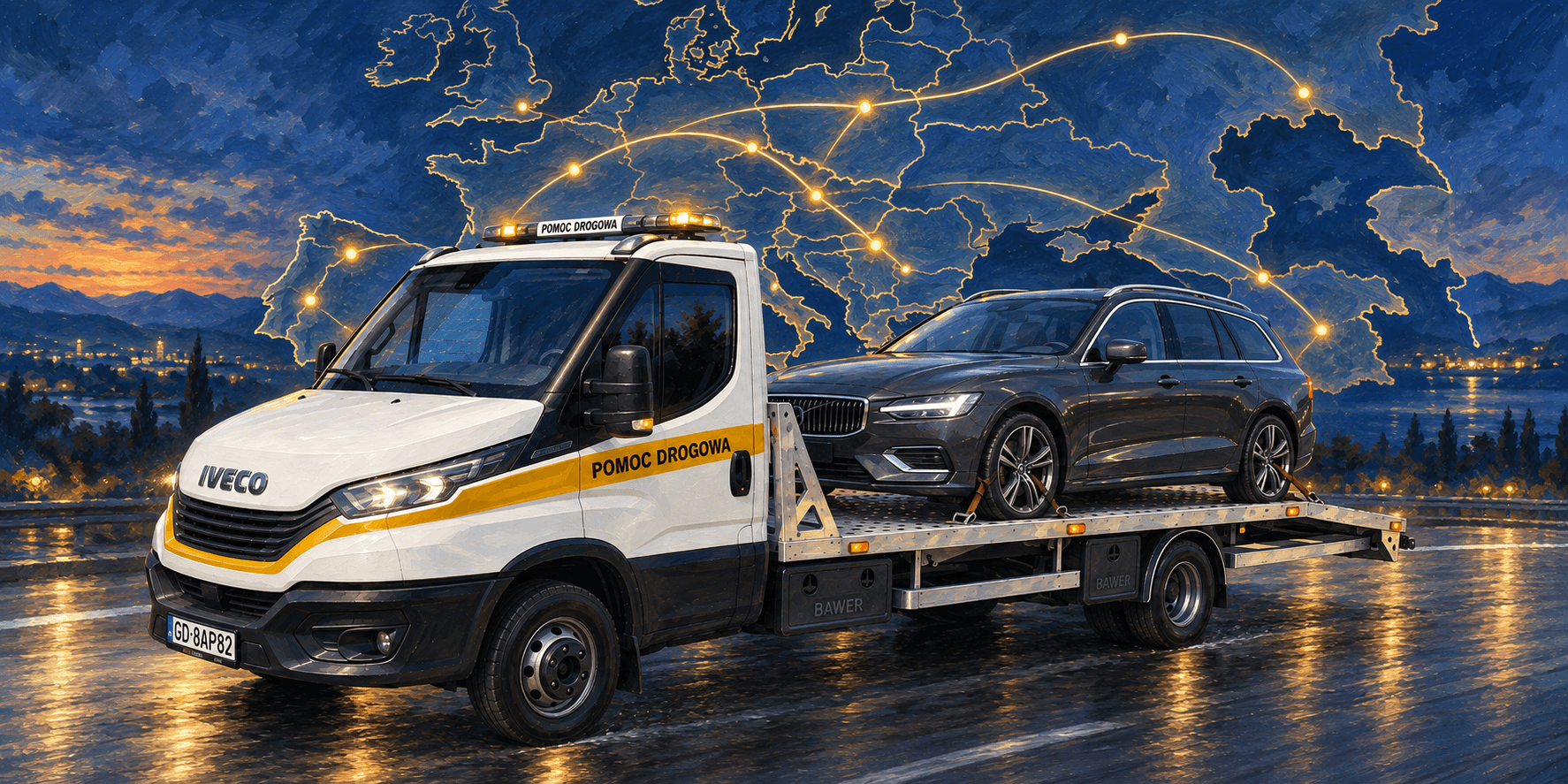 Laweta HELP-CAR przewożąca pojazd na trasach Polska i Europa