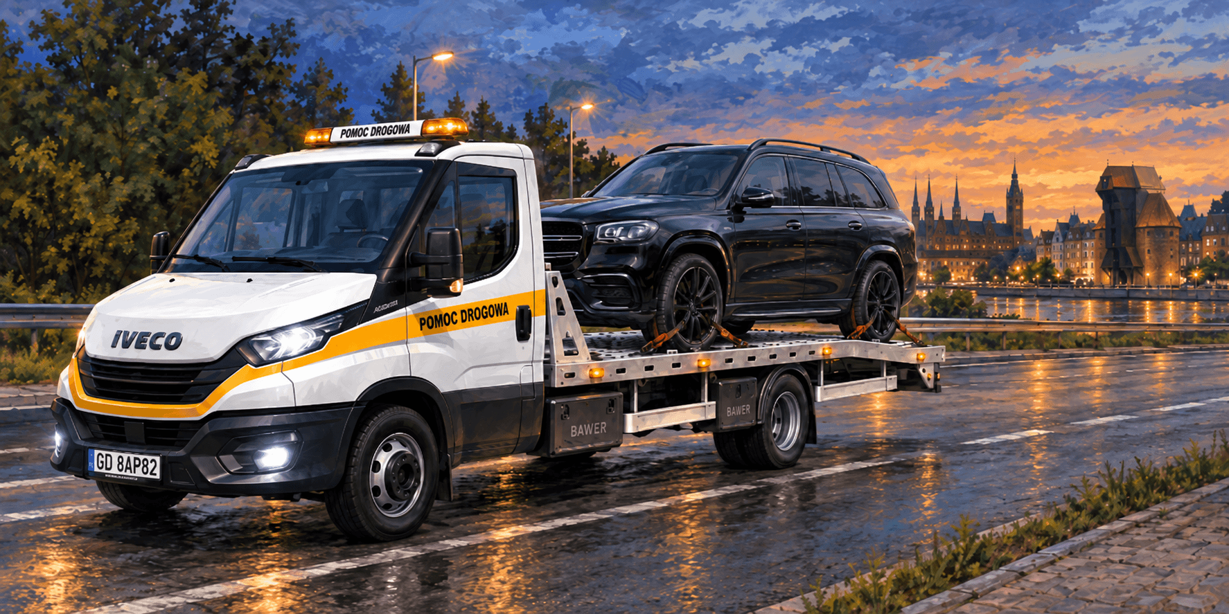 Laweta HELP-CAR przewożąca samochód osobowy