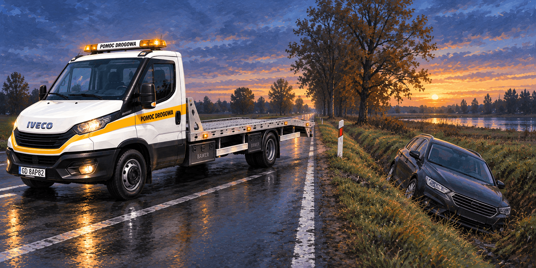 Laweta HELP-CAR wyciąga samochód liną z rowu
