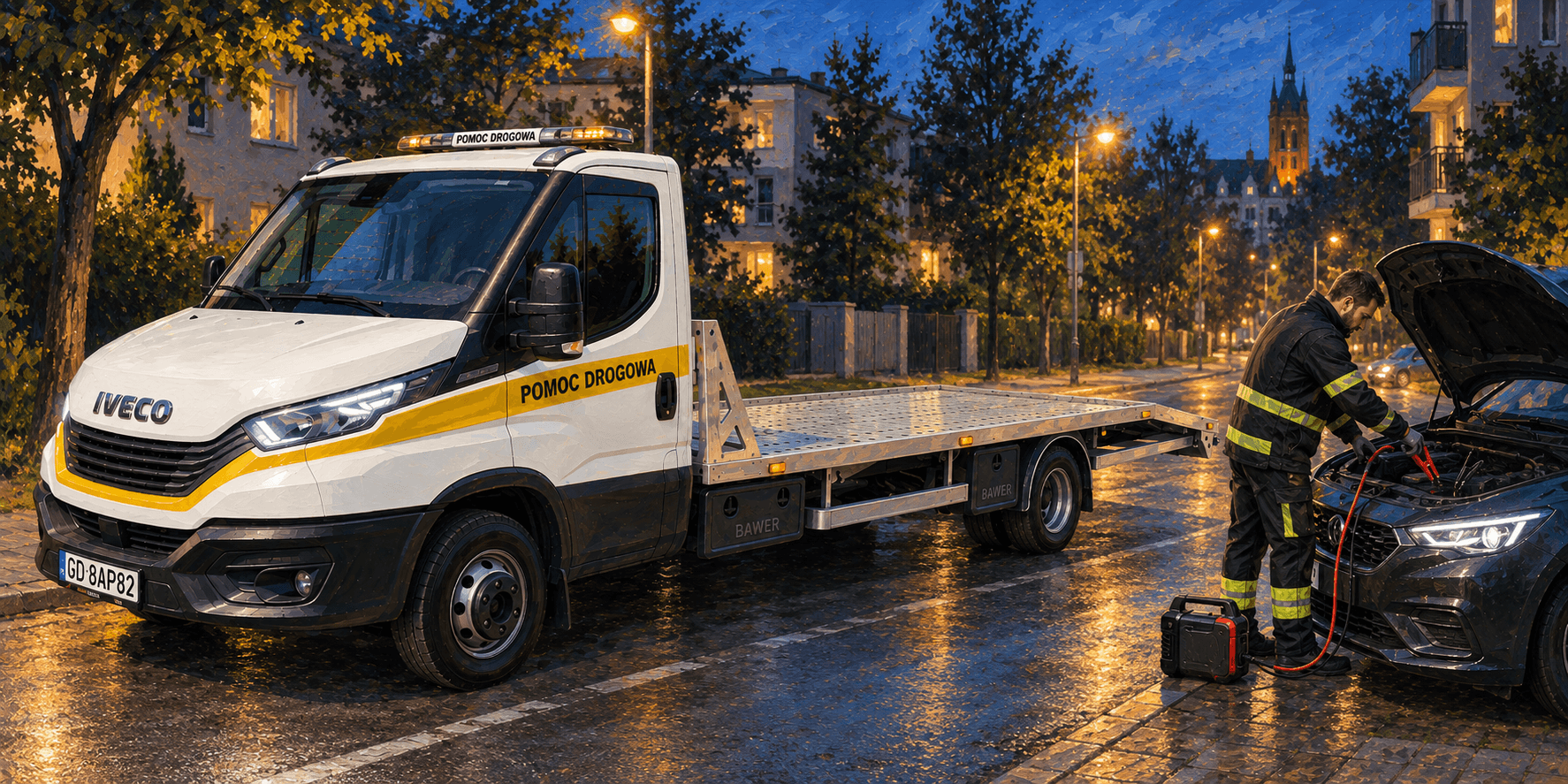 Pracownik HELP-CAR uruchamia auto z rozładowanym akumulatorem