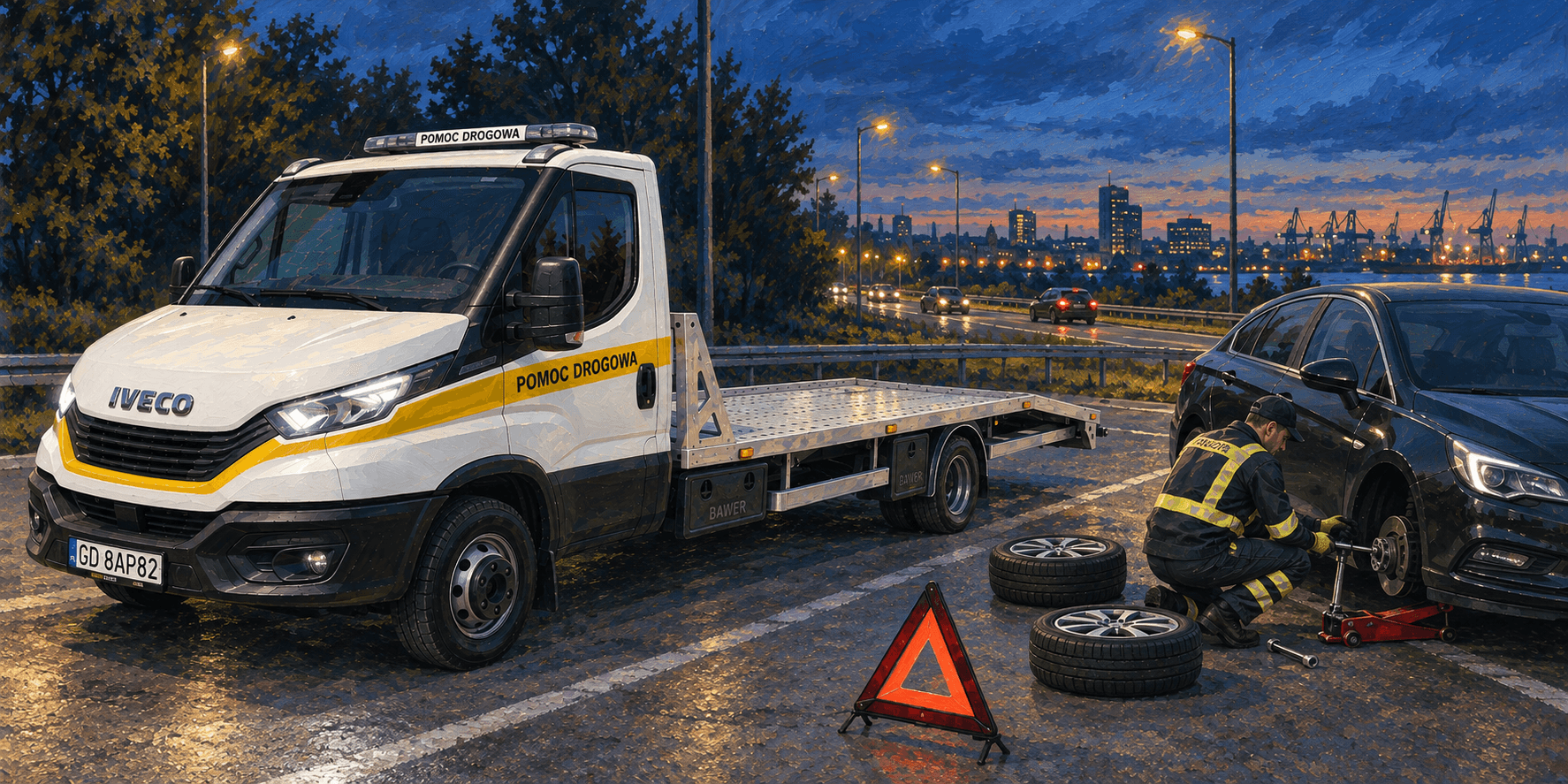Pracownik HELP-CAR wymienia koło przy samochodzie