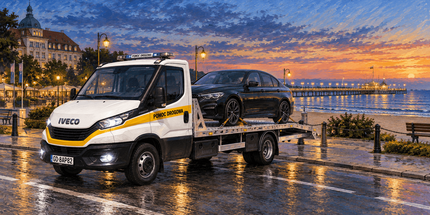 Realne zdjęcie lawety HELP-CAR dla pomocy drogowej w Sopocie