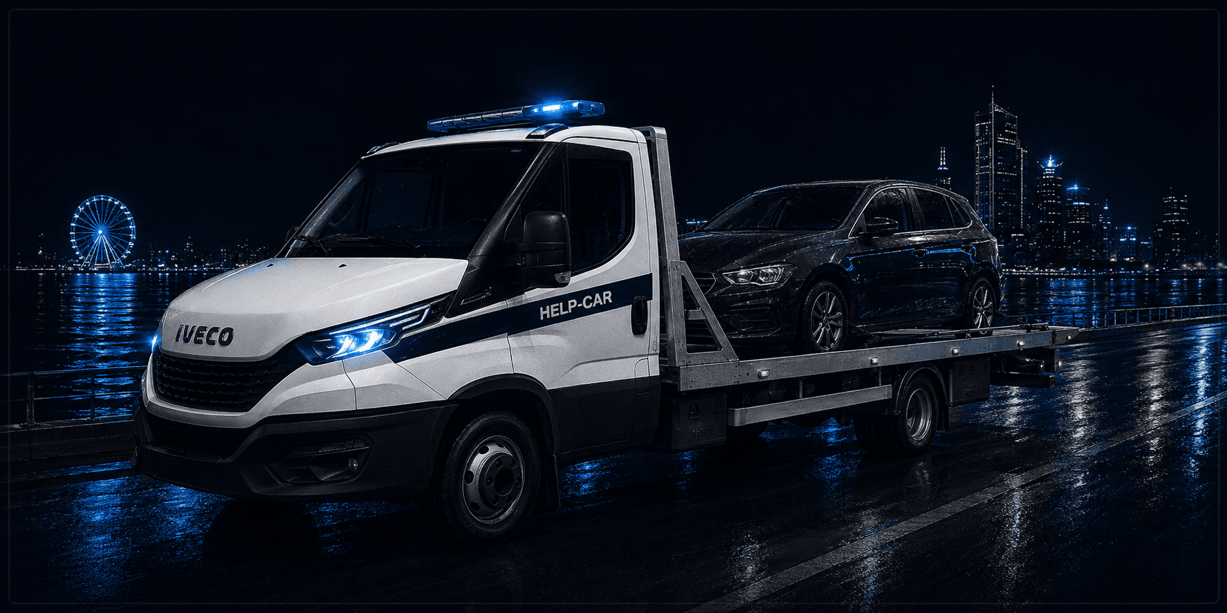 Laweta HELP-CAR przewożąca samochód osobowy Laweta HELP-CAR przewożąca samochód osobowy
