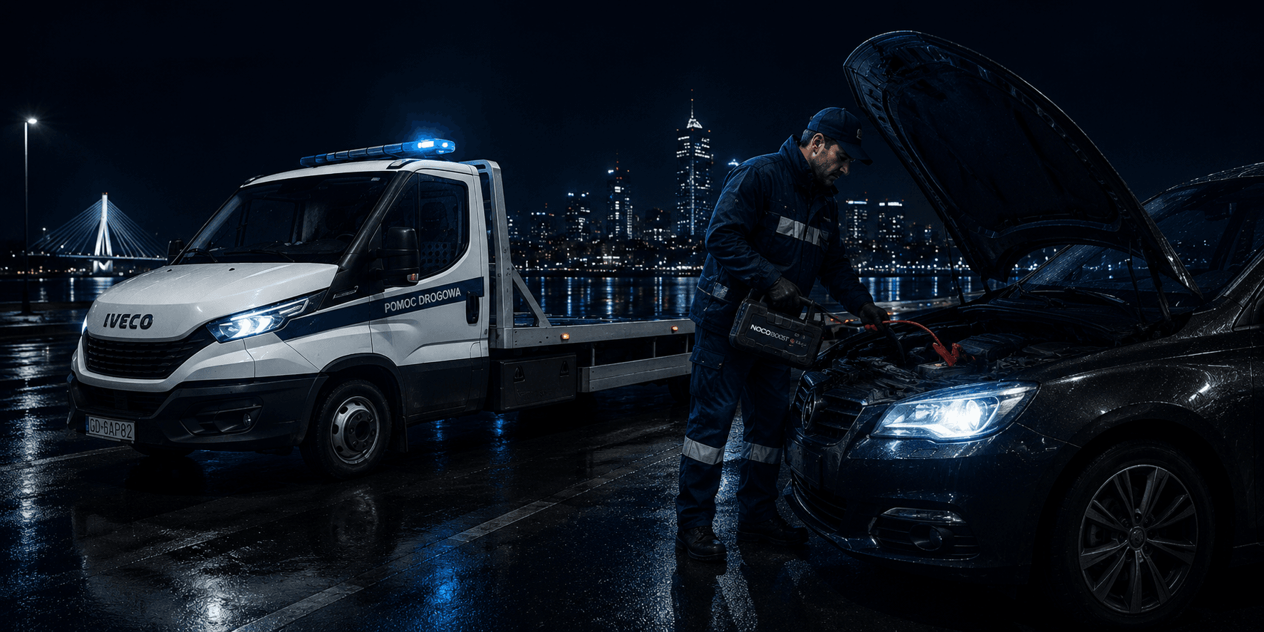 Pracownik HELP-CAR uruchamia auto z rozładowanym akumulatorem Pracownik HELP-CAR uruchamia auto z rozładowanym akumulatorem