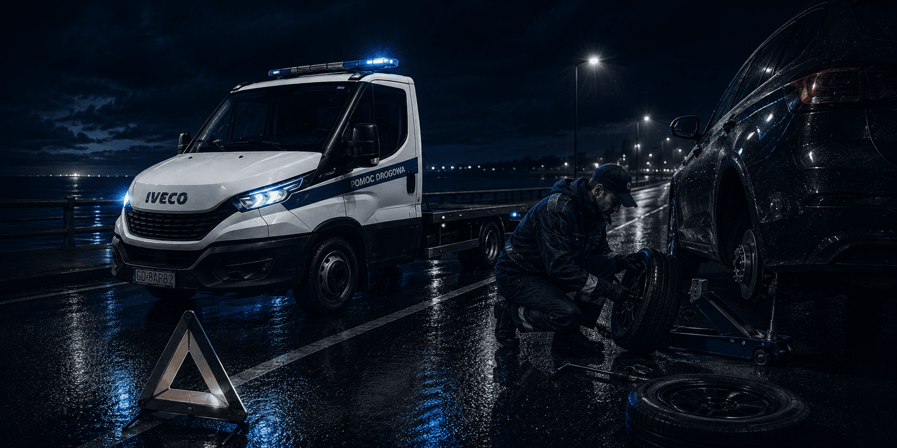 Pracownik HELP-CAR wymienia koło przy samochodzie Pracownik HELP-CAR wymienia koło przy samochodzie