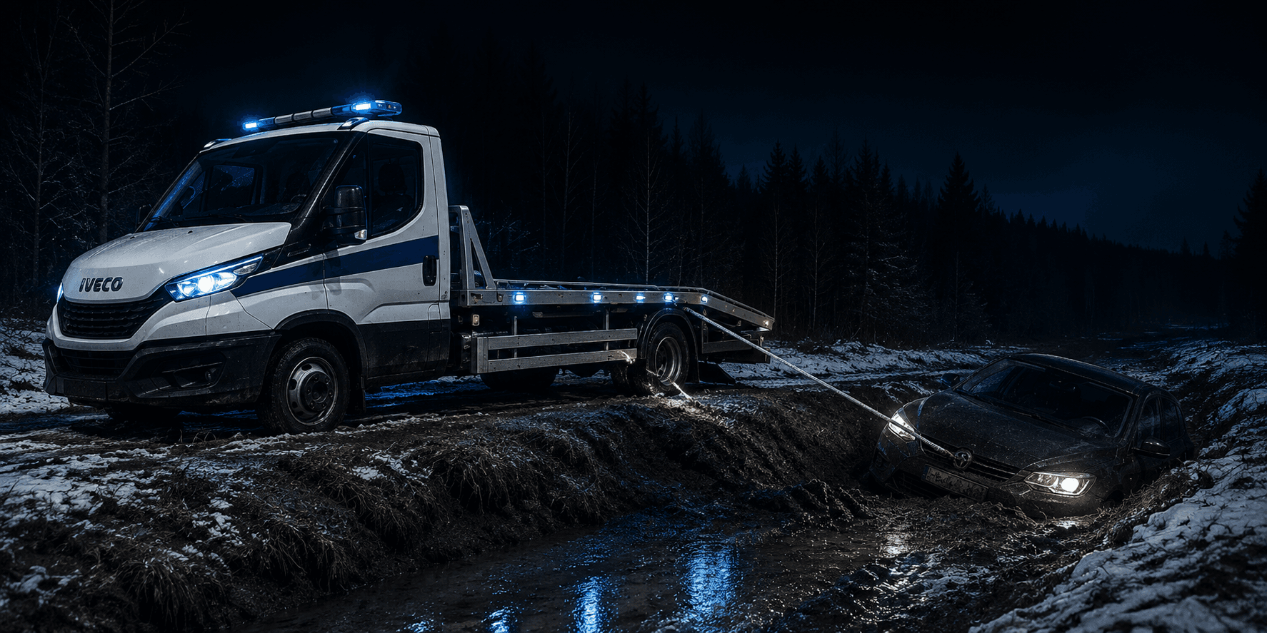 Laweta HELP-CAR wyciąga samochód liną z rowu Laweta HELP-CAR wyciąga samochód liną z rowu