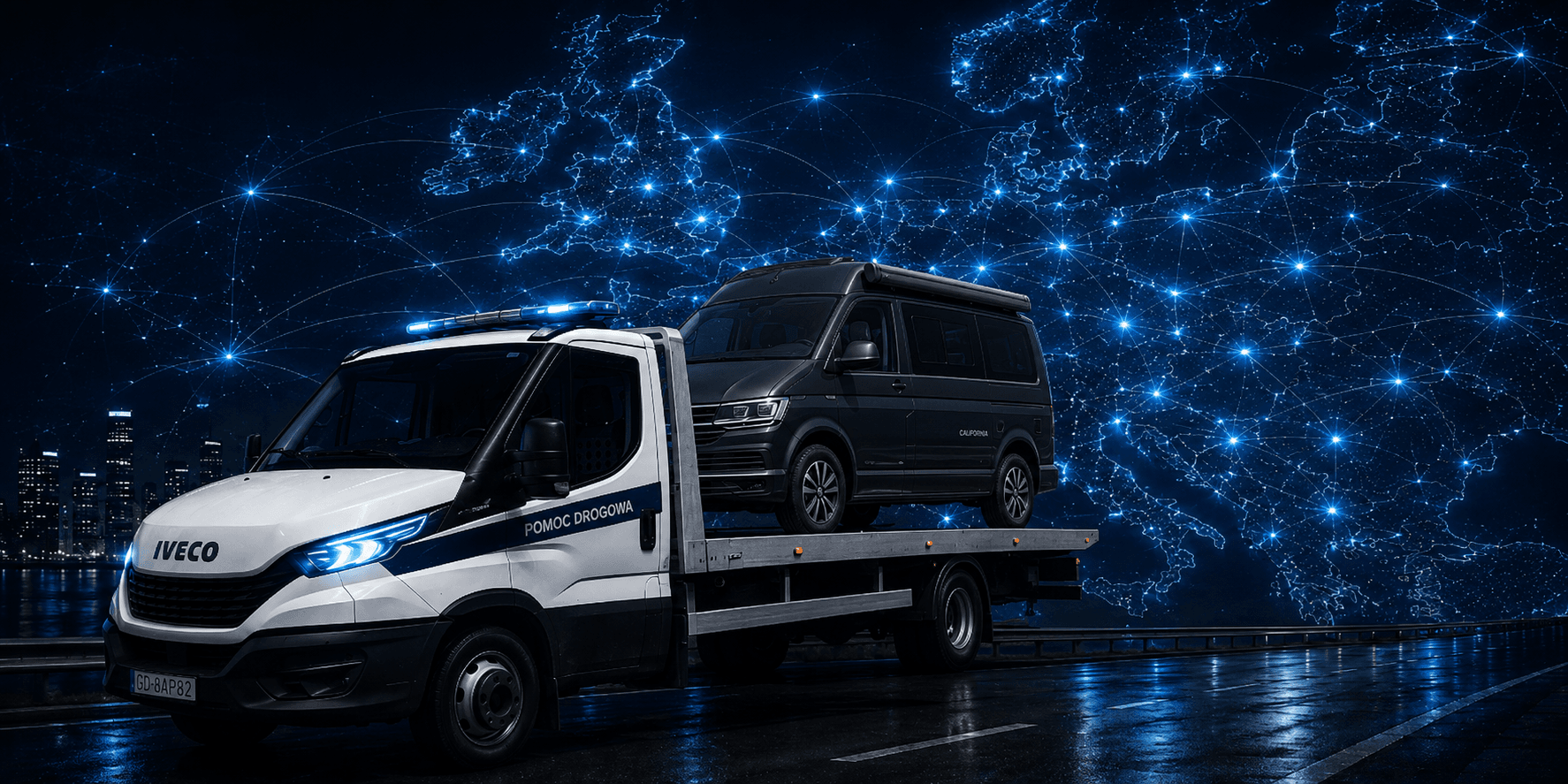 Laweta HELP-CAR przewożąca pojazd na trasach Polska i Europa Laweta HELP-CAR przewożąca pojazd na trasach Polska i Europa