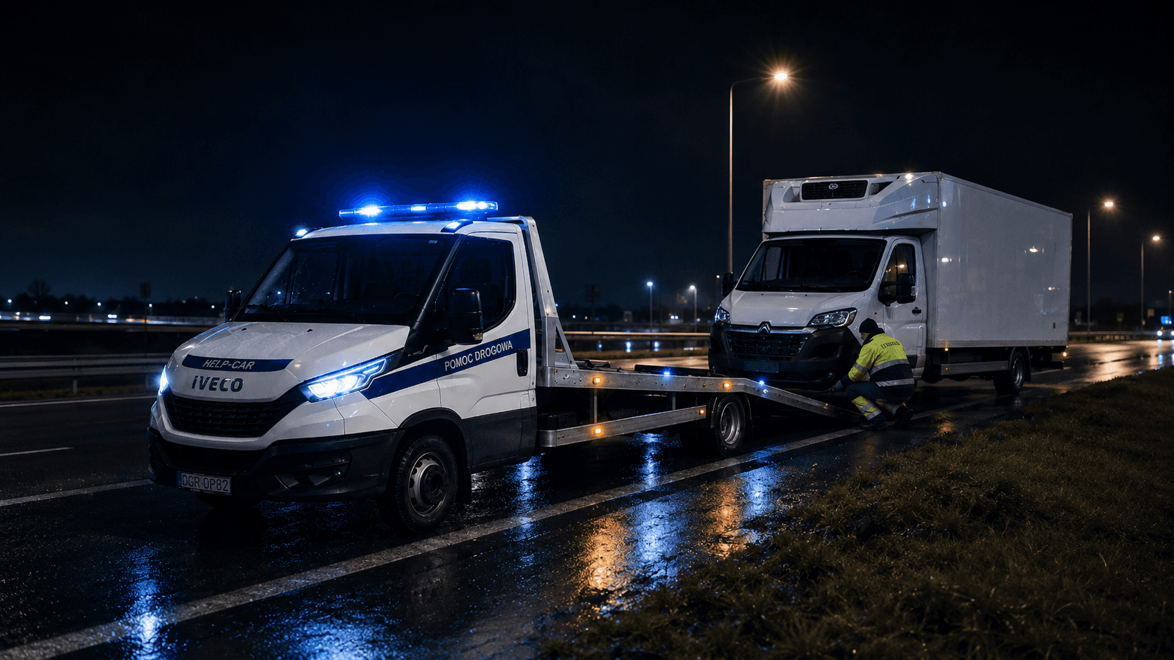 Pomoc drogowa i transport uszkodzonego busa chłodni Pomoc drogowa i transport uszkodzonego busa chłodni